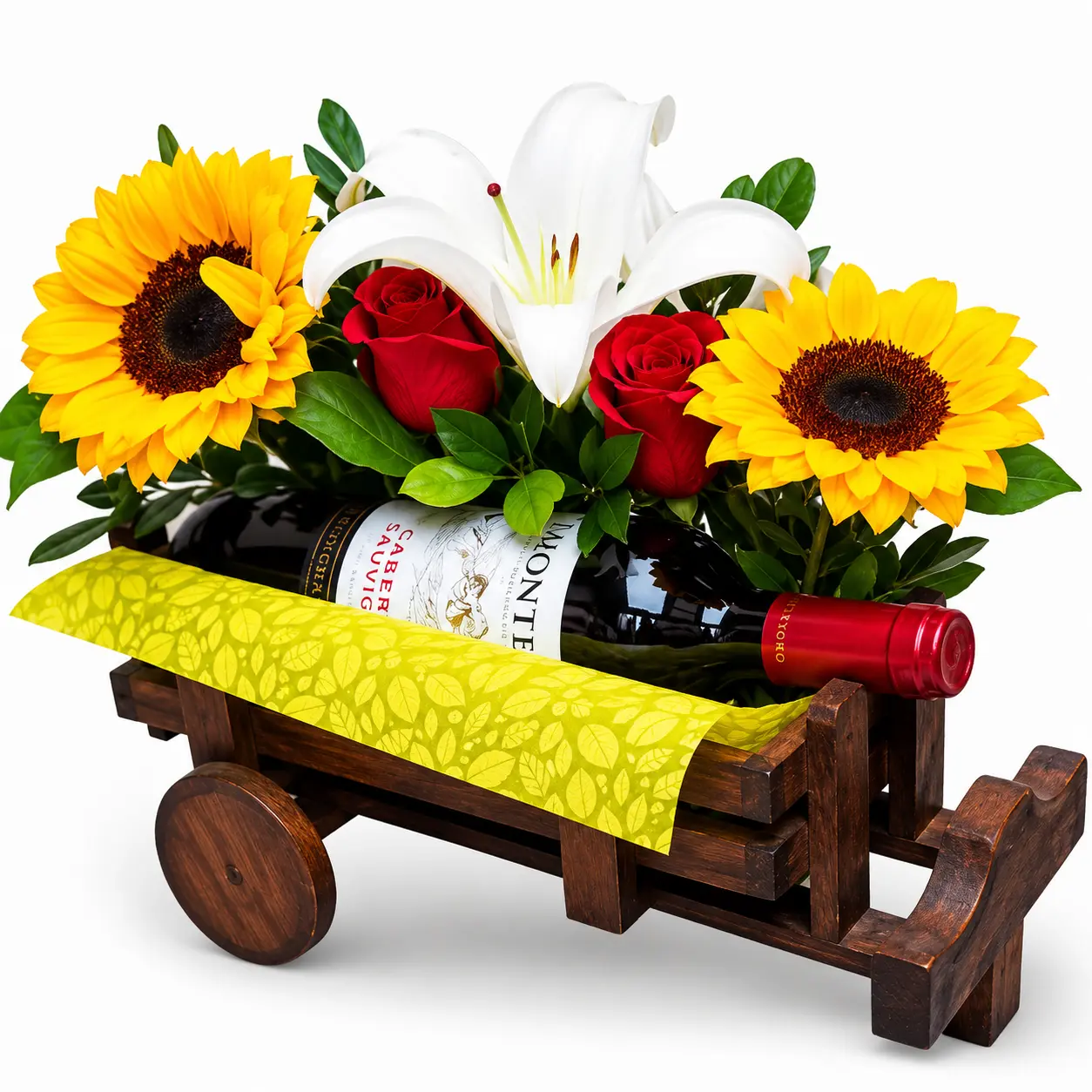 Arreglo floral con rosas rojas girasoles lirio blanco y vino en base decorativa de madera ideal para regalo de amistad elegante con entrega a domicilio en Lima